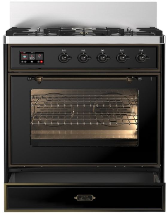 Ilve® Majestic III 30" Glossy Black Pro Style Dual Fuel Natural Gas Range with Triple Glass Door and Burnished Trim-1