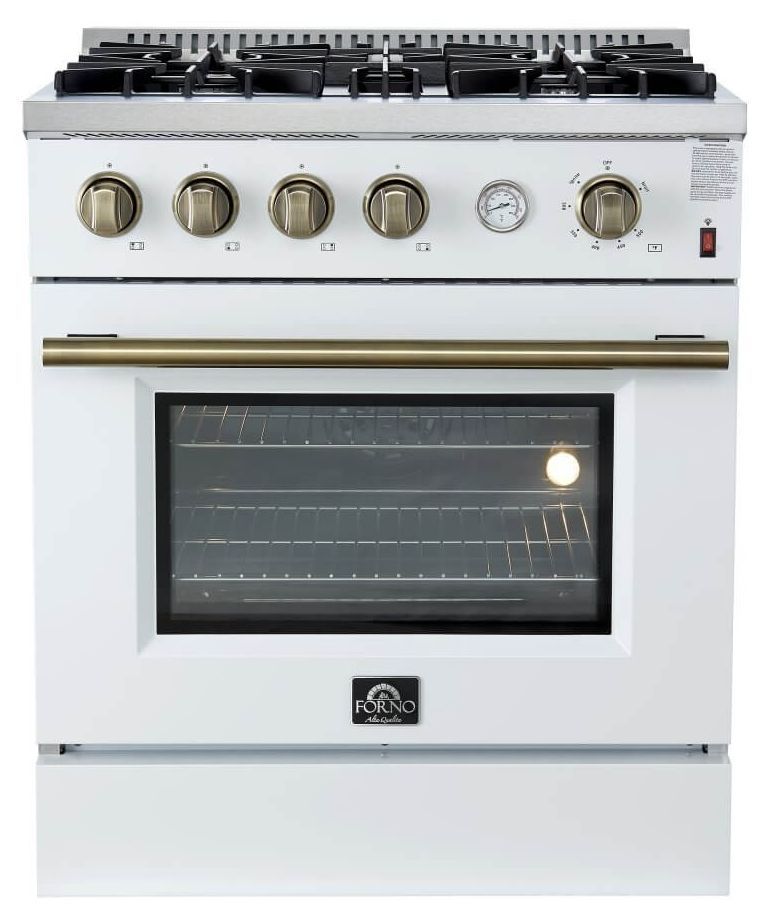 FORNO® Marco 30" White Pro Style Gas Range with Antique Brass Accents