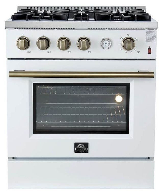 FORNO® Marco 30" White Pro Style Gas Range with Antique Brass Accents-0