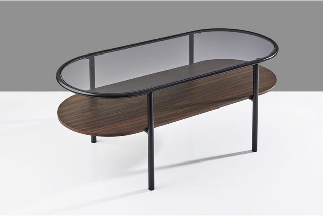 Adesso® Gavin Smoke Glass Top Coffee Table with Walnut Shelve and Metal Black Legs-3