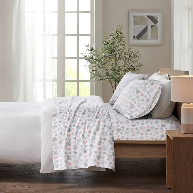 Olliix by True North by Sleep Philosophy Pink/Grey Snowflakes Queen Cozy Flannel 100% Cotton Flannel Printed Sheet Set-3