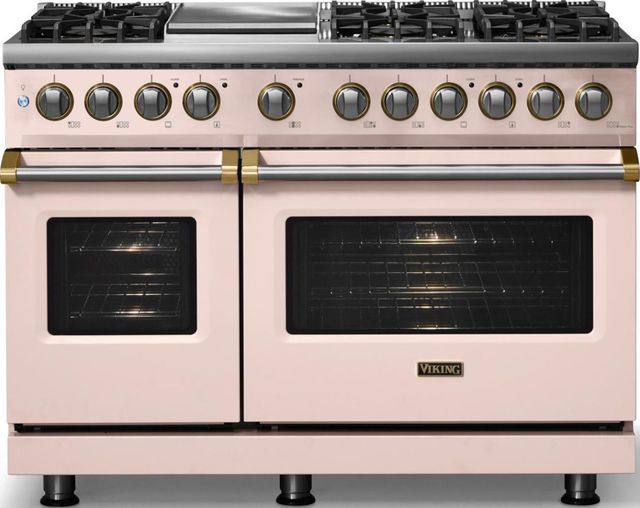 Viking® 5 Series 48" Blush Pro Style Dual Fuel (NG) Range with Brushed Brass Trim-2