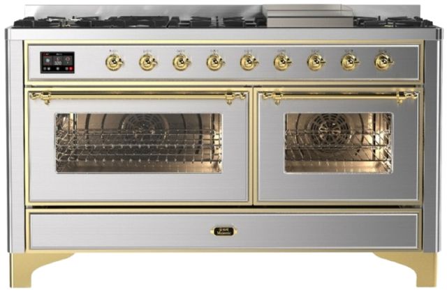 Ilve® Majestic III 60" Stainless Steel Pro Style Dual Fuel Natural Gas Range with Triple Glass Door and Brass Trim-0