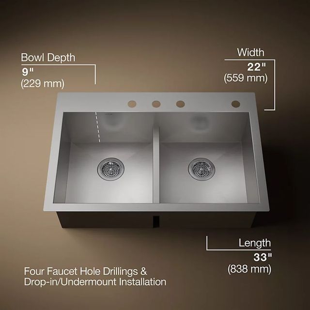 KOHLER® Vault™ Stainless Steel Smart Divide® 33" 4-Faucet Hole Top/Undermount Double Equal-Bowl Kitchen Sink-2