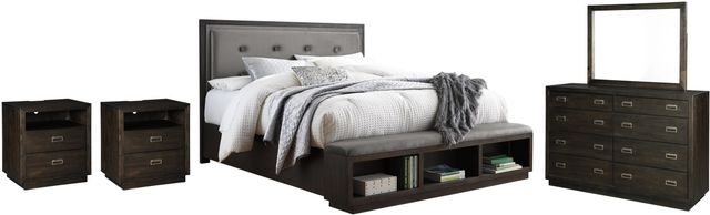 Signature Design by Ashley® Hyndell 5-Piece Dark Brown Queen Upholstered Panel Bed Set-0