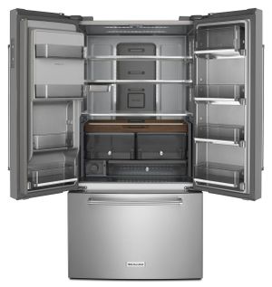Front view of the KitchenAid® 36 in. 23.8 Cu. Ft. Stainless Steel with PrintShield™ Finish Counter Depth French Door Refrigerator