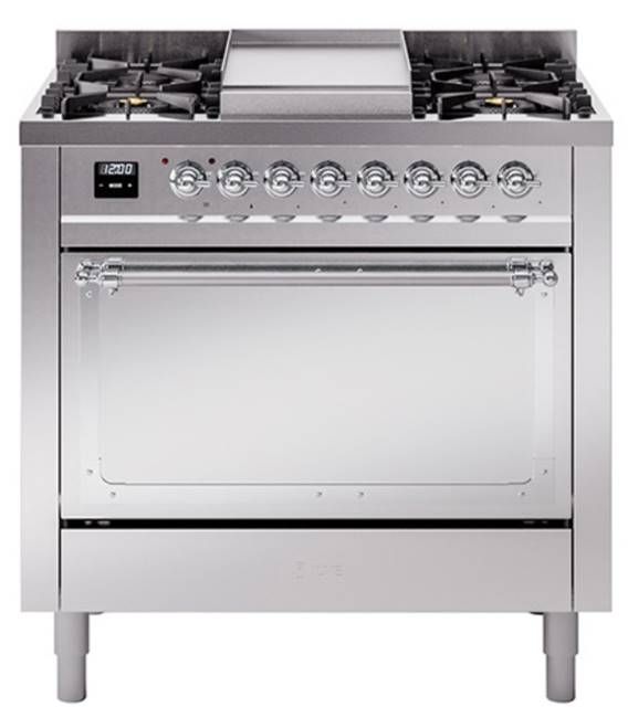 Ilve® Nostalgie II Noblesse 36'' Stainless Steel Pro Style Dual Fuel Range with Chrome Trim-0