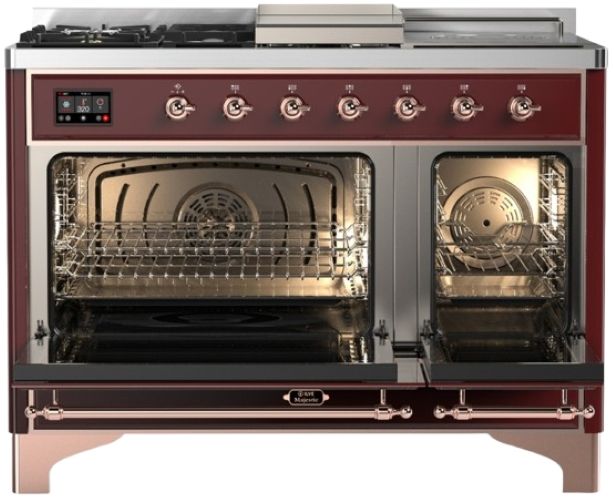 Ilve® Majestic III 48" Burgundy Pro Style Dual Fuel Natural Gas Range with French Top and Copper Trim-1