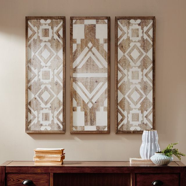 Olliix by Madison Park Natural Set of 3 Mandal Printed Wood Wall Decor-1
