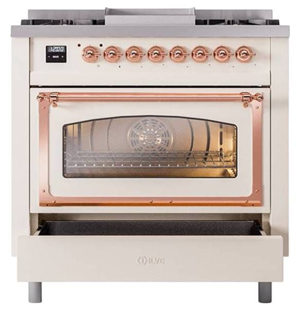 Ilve® Nostalgie II Noblesse 36'' Antique White Liquid Gas Pro Style Dual Fuel Range with Copper Trim-3
