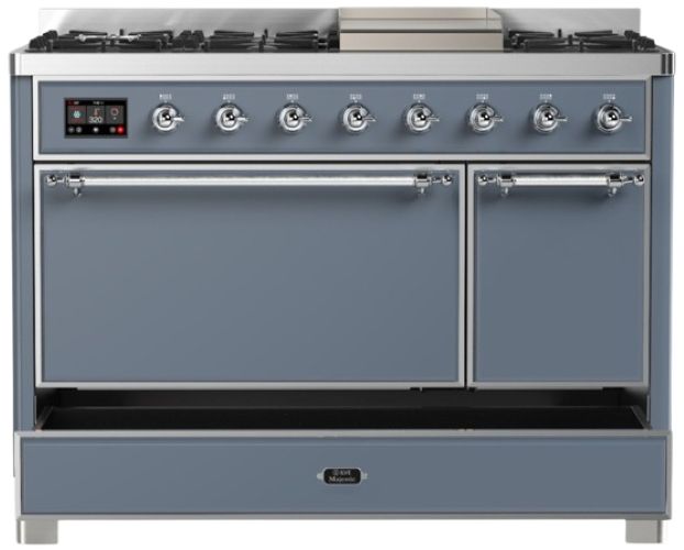 Ilve® Majestic III 48" Blue Gray Pro Style Dual Fuel Natural Gas Range with Solid Door and Chrome Trim-2