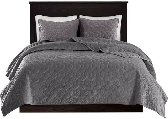 Olliix by Madison Park Harper 3 Piece Grey King/California King Faux Velvet Reversible Coverlet Set-0