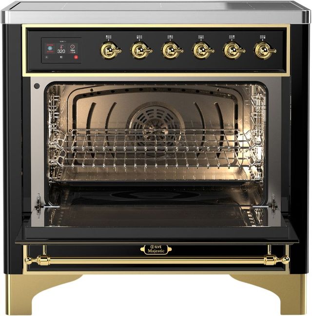 Ilve® Majestic III 36" Glossy Black Pro Style Induction Range with Triple Glass Door and Brass Trim-1