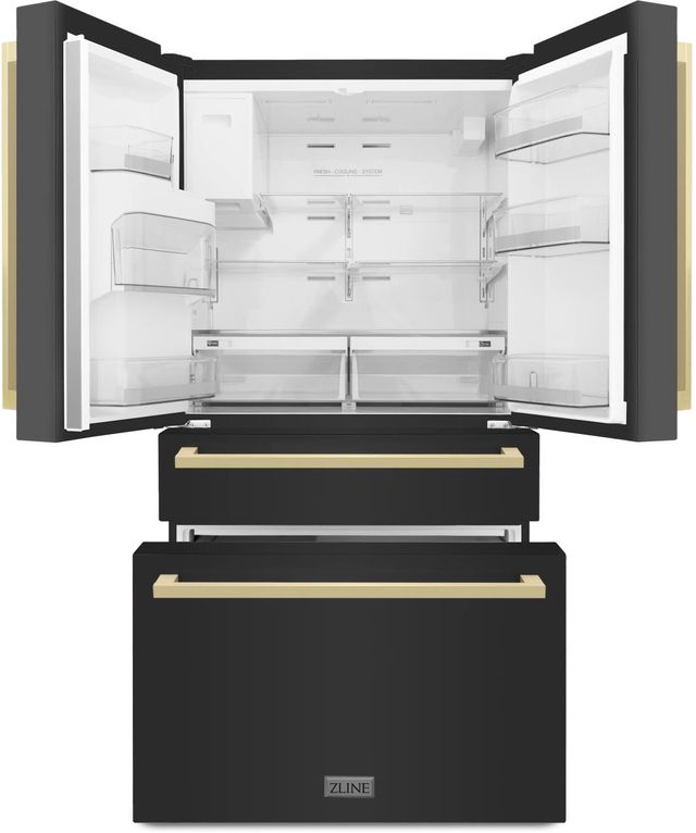 ZLINE Autograph Edition 36" 21.6 Cu. Ft. Fingerprint Resistant Black Stainless Steel Counter Depth French Door Refrigerator with Champagne Bronze Modern Handles-1