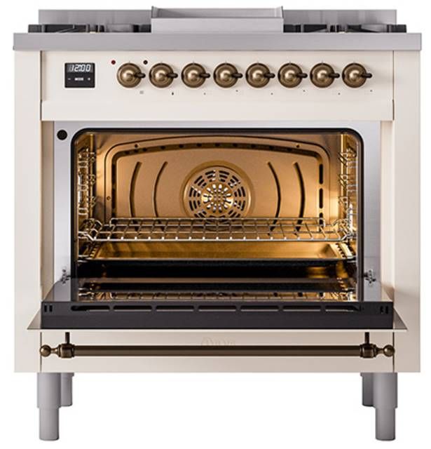 Ilve® Nostalgie II Noblesse 36'' Antique White Pro Style Dual Fuel Range with Burnished Trim-2