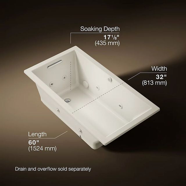 KOHLER® Underscore® Biscuit 60" x 32" Drop-in Heated BubbleMassage™ Air Bath with Whirlpool-2