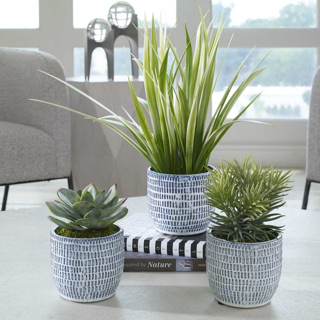 Uttermost® Puebla 3-Piece Blue/White Greenery Pots Set-1