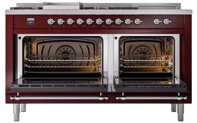 Ilve® Nostalgie II Noblesse 60'' Burgundy Pro Style Dual Fuel Range with Chrome Trim-2