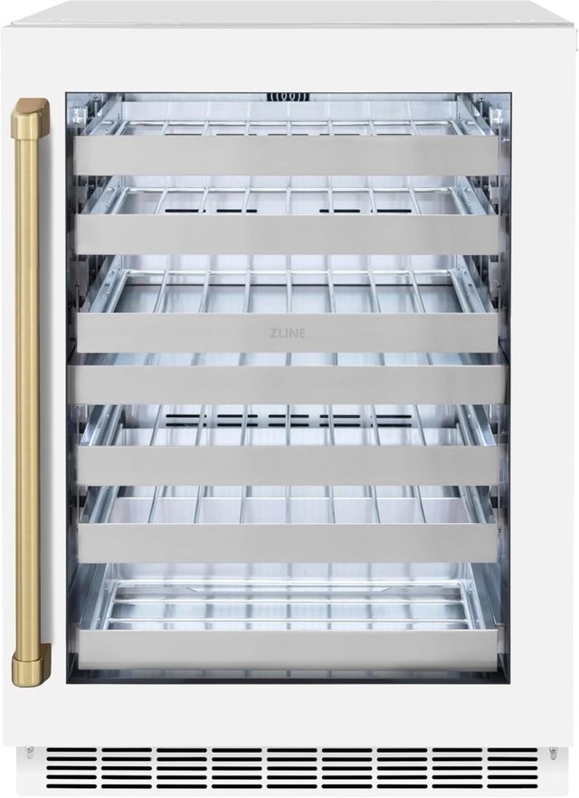 ZLINE Autograph Edition Touchstone 24" 4.8 Cu. Ft. Stainless Steel Wine Cooler with White Matte Glass Door and Champagne Bronze Handle-0