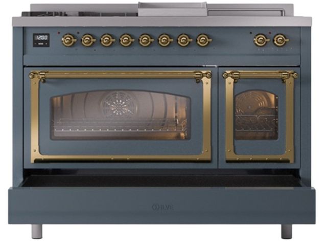 Ilve® Nostalgie II Noblesse 48'' Blue Gray Pro Style Dual Fuel Range with Brass Trim-3