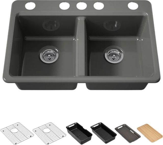 KOHLER® Riverby® Thunder Gray 33" Undermount Double-Equal Bowl Workstation Kitchen Sink with Accessories-0