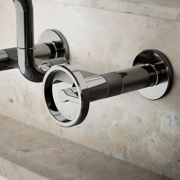 KOHLER® Billet® Vibrant Titanium 2-Hole Wall-Mount Bridge Kitchen Sink Faucet with Round Handles-3