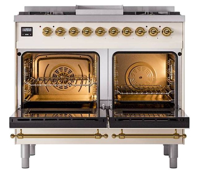 Ilve® Nostalgie II Noblesse 40'' Antique White Pro Style Dual Fuel Range with Brass Trim-2