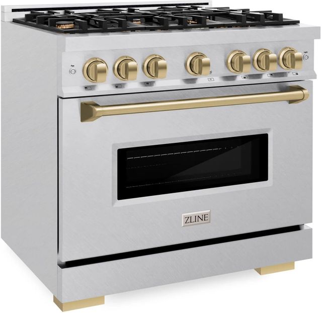 ZLINE Classic Autograph Edition 36" Satin Stainless Steel Pro Style Dual Fuel Range with Champagne Bronze Accents-2