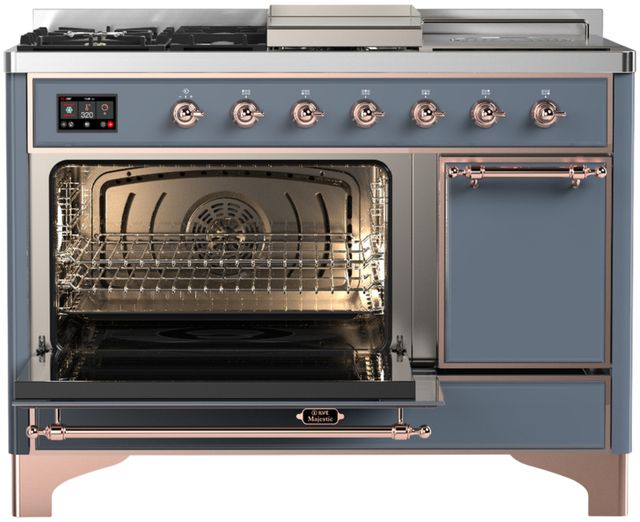Ilve® Majestic III 48" Blue Gray Pro Style Dual Fuel Natural Gas Range with 5 Black Brass Burners and Copper Trim-2
