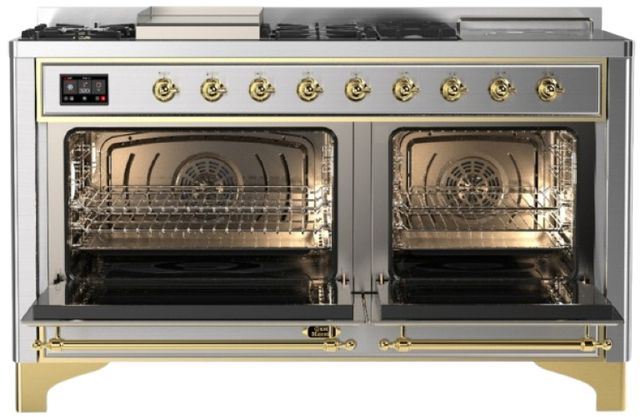 Ilve® Majestic III 60" Stainless Steel Pro Style Dual Fuel Natural Gas Range with French Top and Brass Trim-1