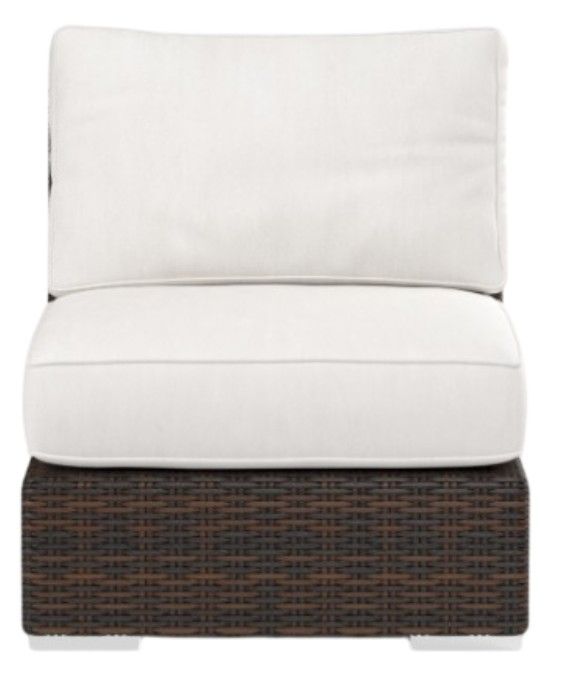 Sunset West Montecito Cognac Resin Wicker Outdoor Armless Club Chair with Canvas Flax Cushion-1