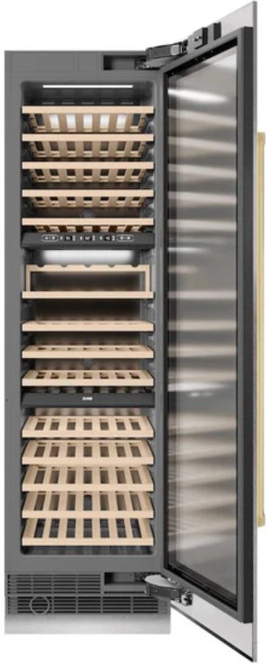 ZLINE Autograph Edition 24" 12.4 Cu. Ft. Triple Zone 100 Bottle Column Wine Cooler in Satin Stainless Steel and Polished Gold Accents-1
