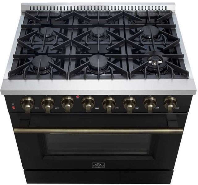 FORNO® Galiano 36" Stainless Steel Pro Style Dual Fuel Range with Black Door with Antique Brass Accents-3