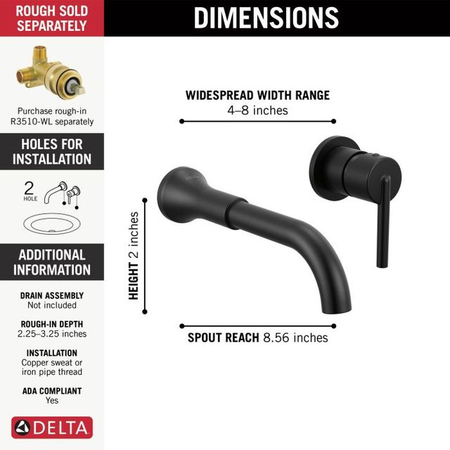 Delta Trinsic® Matte Black Single Handle Lever Wall Mount Bathroom Faucet Trim-3