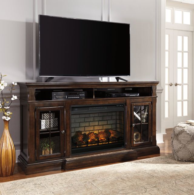 Signature Design by Ashley® Roddinton 74" Dark Brown TV Stand with Electric Fireplace-1