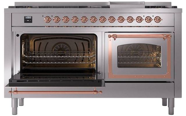 Ilve® Nostalgie II Noblesse 60'' Stainless Steel Pro Style Dual Fuel Range with Copper Trim-3