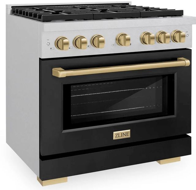 ZLINE Autograph Edition Paramount 36" Satin Stainless Steel Pro Style Dual Fuel Range with Black Matte Door and Champagne Bronze Accents-2