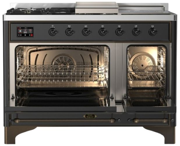 Ilve® Majestic III 48" Graphite Matte Pro Style Dual Fuel Liquid Propane Range with French Top and Burnished Trim-1