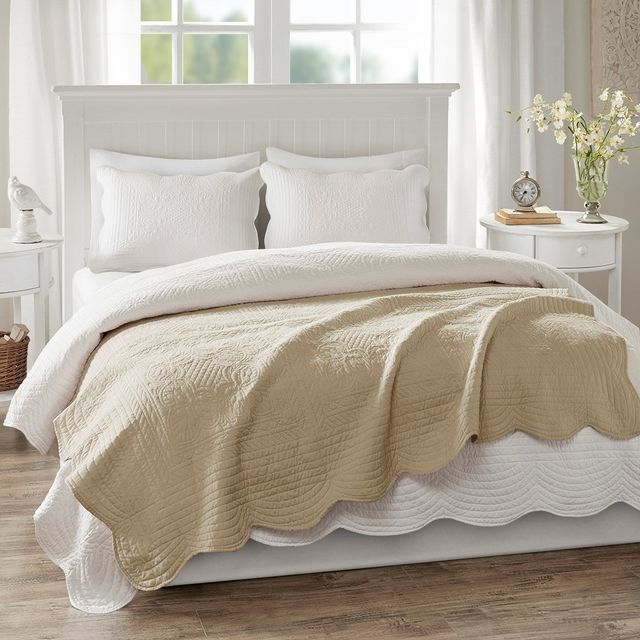 Olliix by Madison Park Tuscany Khaki Oversized Quilted Throw with Scalloped Edges-4