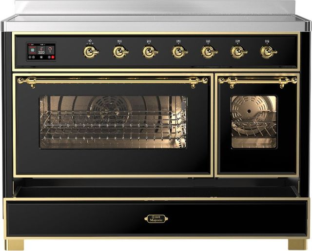 Ilve® Majestic III 48" Glossy Black Pro Style Induction Range with Triple Glass Door and Brass Trim-2