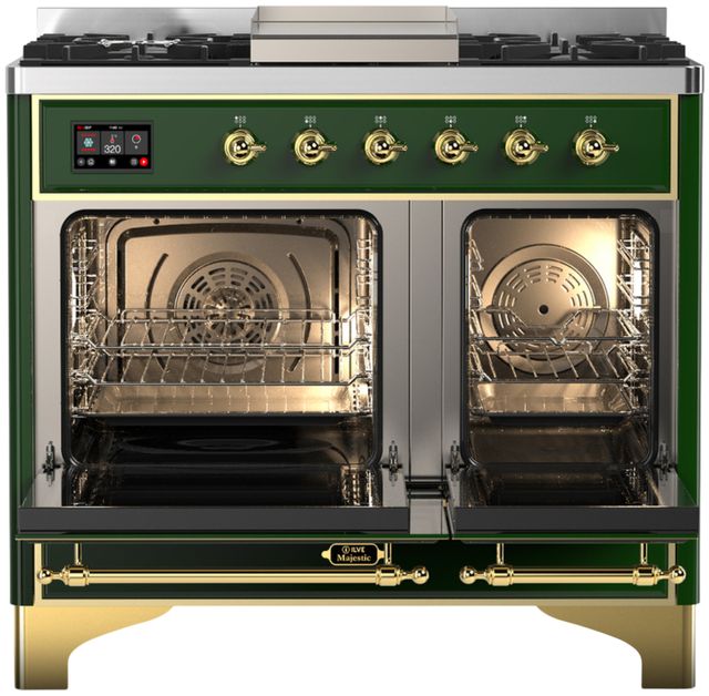 Ilve® Majestic III 40" Emerald Green Pro Style Dual Fuel Liquid Propane Range with Solid Door and Brass Trim-1