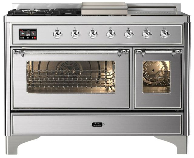Ilve® Majestic III 48" Stainless Steel Pro Style Dual Fuel Liquid Propane Range with Triple Glass Door and Chrome Trim-0