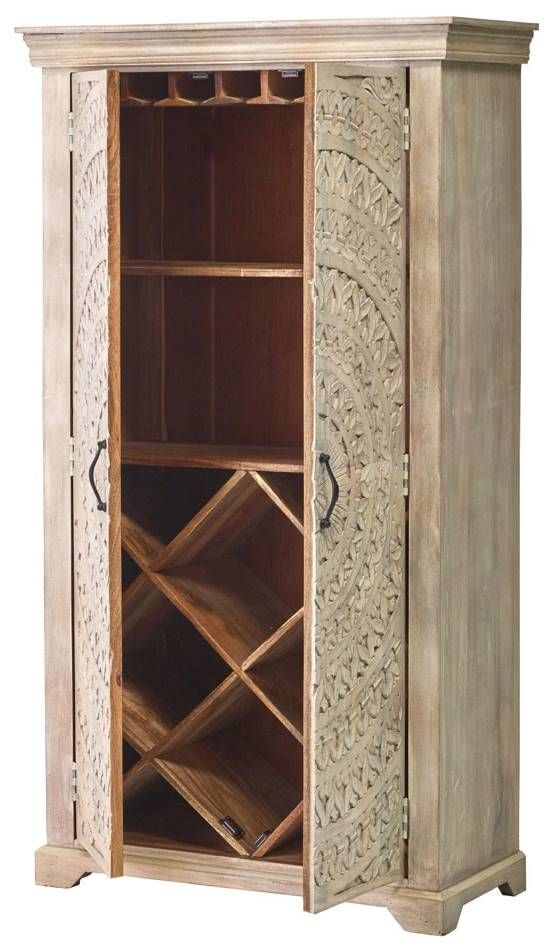 Jaipur Furniture White Wash Carved Lace Wine Cabinet-1