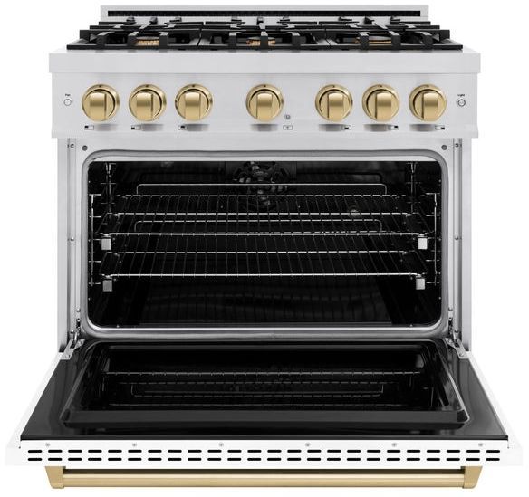 ZLINE Classic Series Autograph Edition 36" Stainless Steel Pro Style Dual Fuel Range with White Matte Door and Champagne Bronze Accents-2