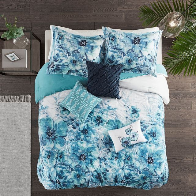 Olliix by Madison Park 7 Piece Teal King Enza Cotton Printed Comforter Set-2