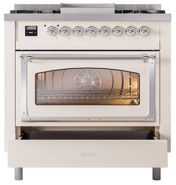 Ilve® Nostalgie II Noblesse 36'' Antique White Pro Style Dual Fuel Range with Chrome Trim-2
