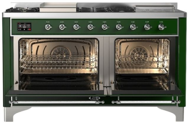 Ilve® Majestic III 60" Emerald Green Pro Style Dual Fuel Natural Gas Range with French Top and Chrome Trim-1