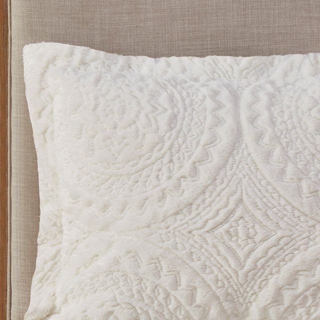 Olliix by Madison Park Arya Ivory Twin Embroidered Medallion Faux Fur Ultra Plush Comforter Mini Set-3