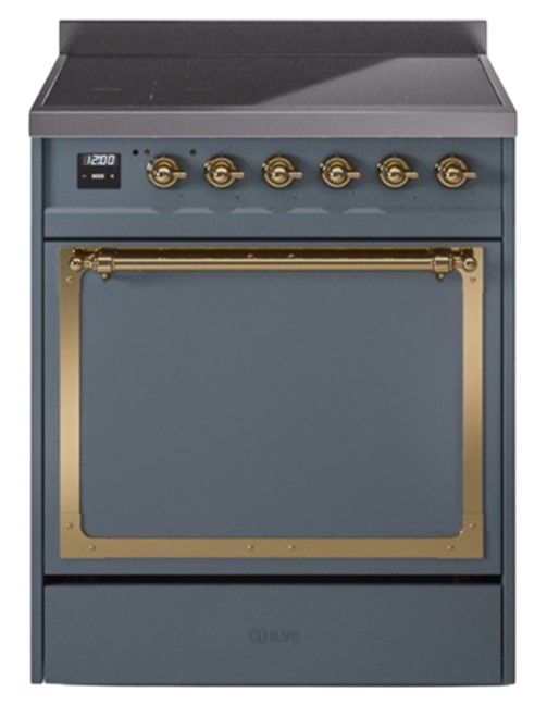 Ilve® Nostalgie II Noblesse 30'' Blue Gray Pro Style Induction Range with Brass Trim-0