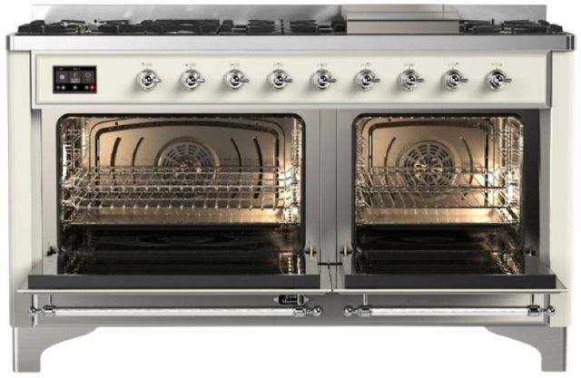 Ilve® Majestic III 60" Antique White Pro Style Dual Fuel Natural Gas Range with Solid Door and Chrome Trim-1